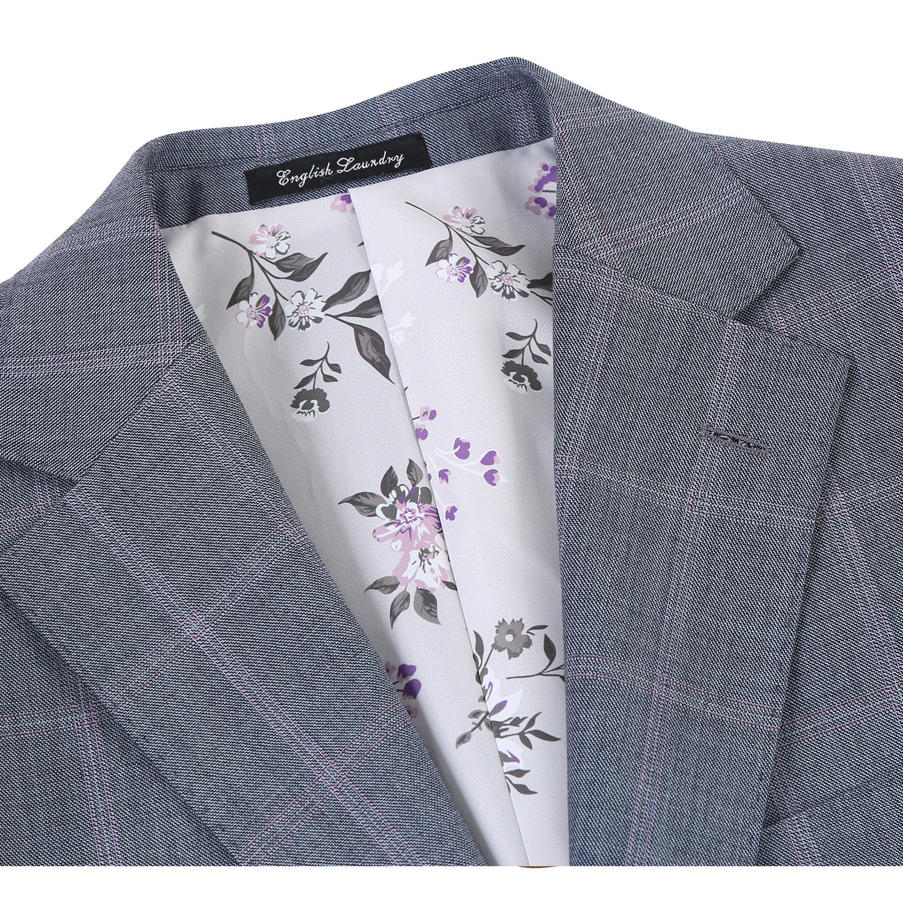 The ENGLISH LAUNDRY Grey Wool Suit EL92-52-093 by English Laundry is shown on a headless mannequin, featuring a gray plaid wool jacket with two-button closure over a white dress shirt and blue patterned tie.