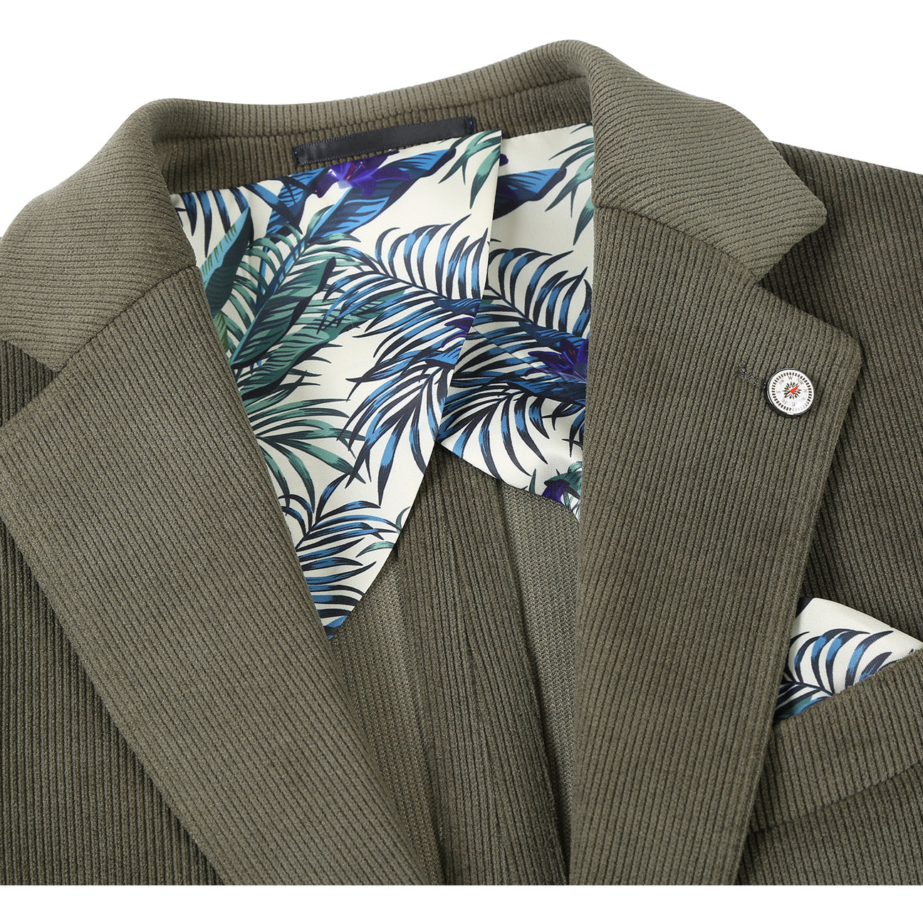 Pellagio Men's Half Canvas Blazer Olive PF24-8 by Pellagio features a slim fit, notched lapel, two-button closure, front patch pockets, and is paired with a striped tie, white dress shirt, and patterned pocket square in the chest pocket.