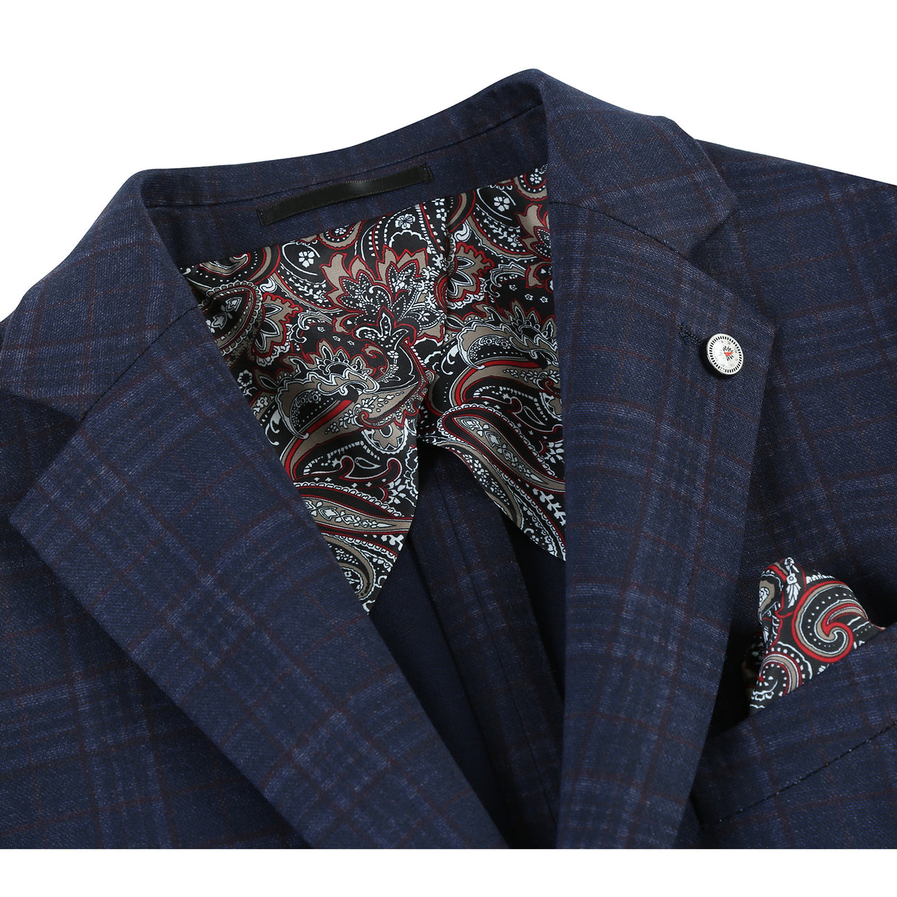 A mannequin dressed in a Pellagio Men's Half Canvas Navy Blazer PF23-14, styled with a white shirt, polka-dot tie, and a patterned pocket square.