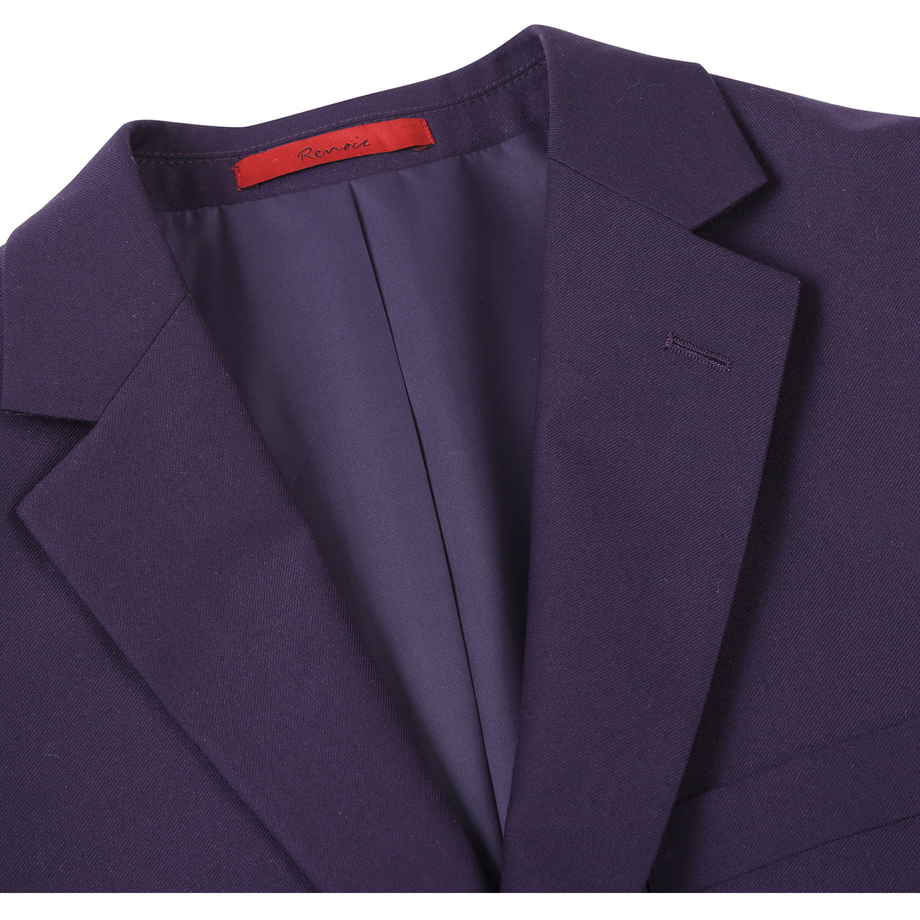 The Alessandro Vitello by Renoir 2-piece purple slim fit suit (201-14) features a single-breasted notch lapel, shown on a mannequin with a white shirt and striped tie.