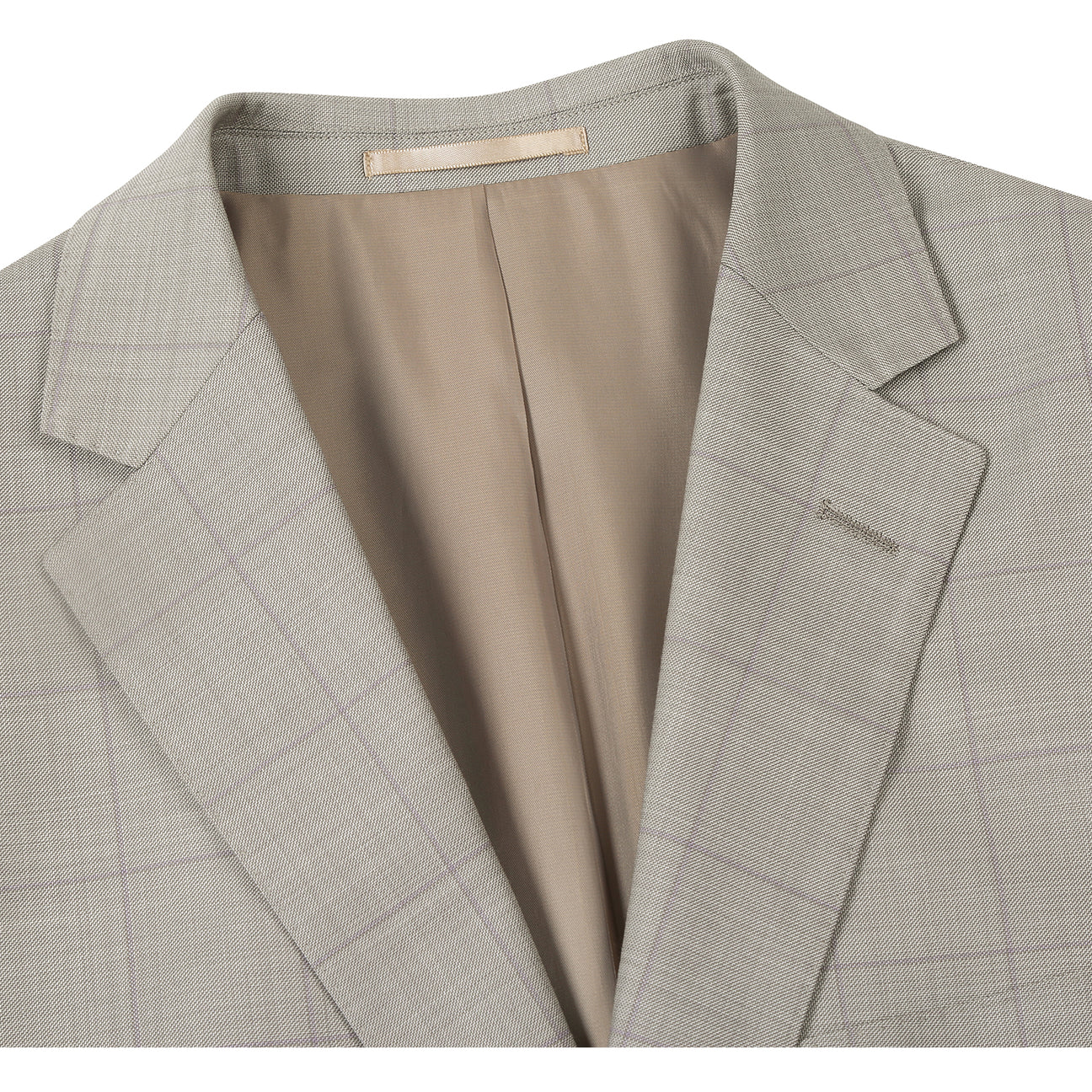 The Alessandro Vitello by Renoir Classic Fit Suit 566-10, in light gray plaid with notch lapels, is styled on a mannequin with a white dress shirt and blue striped tie.