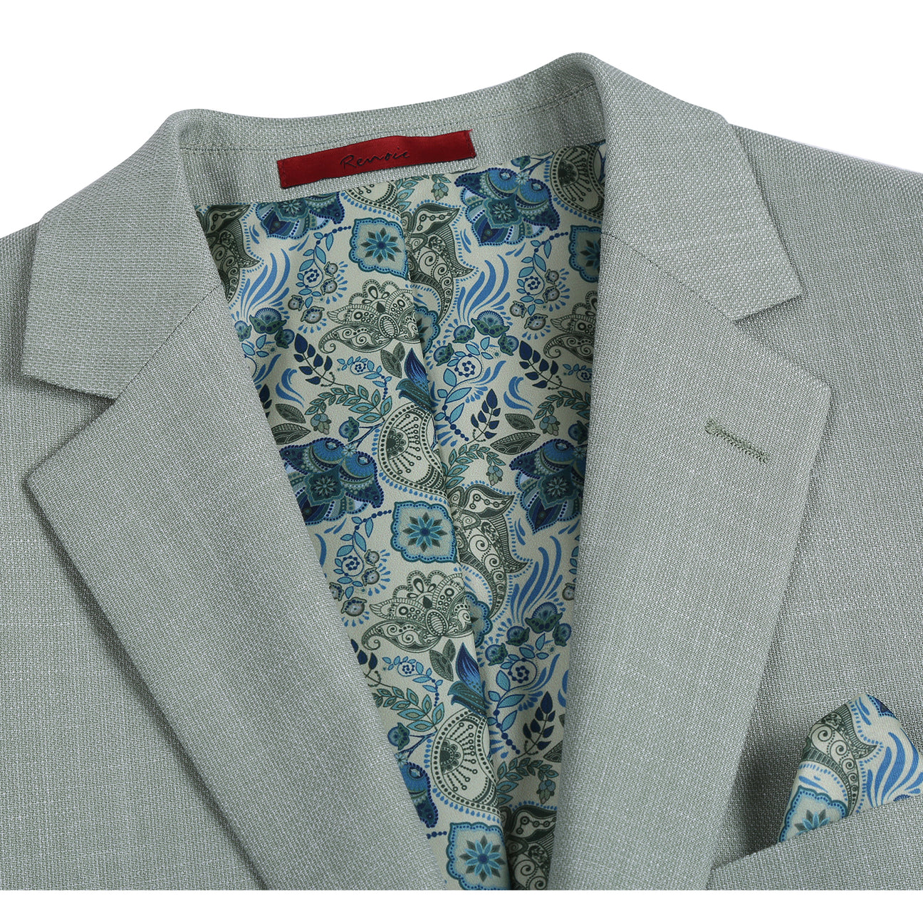 The Alessandro Vitello by Renoir New Slim Fit Light Green Blazer 294-58 is a men's single-breasted jacket with notch lapel, displayed on a mannequin with a white shirt, patterned tie, and matching pocket square.
