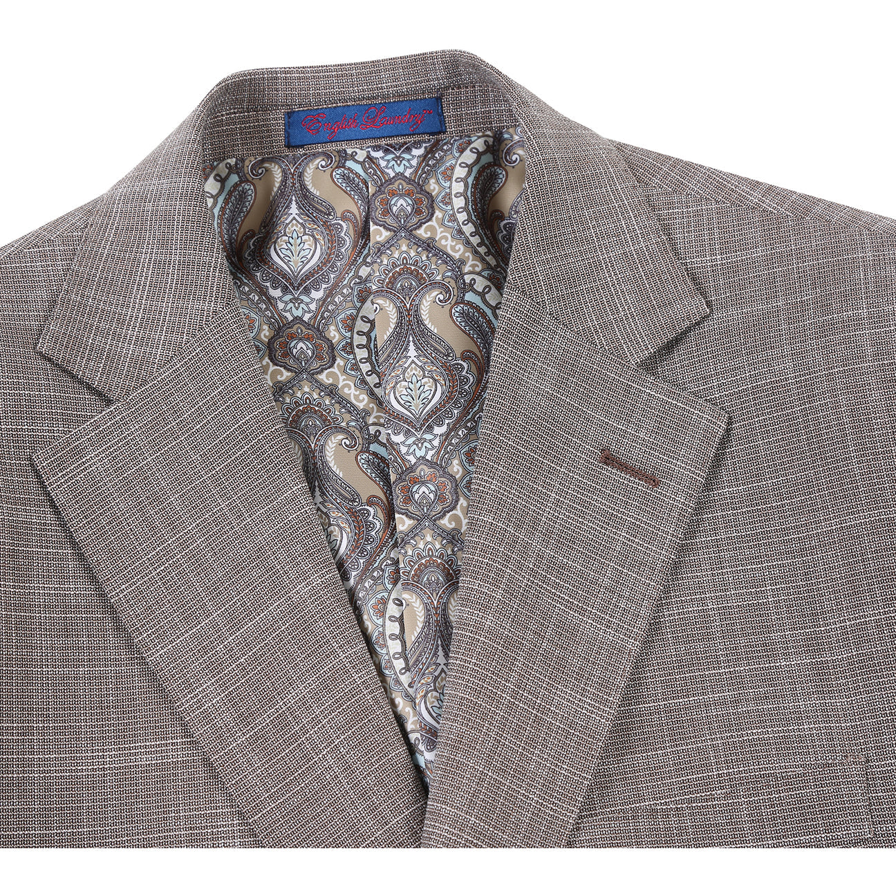 The ENGLISH LAUNDRY Brown Check Suit 22-18-652EL by English Laundry is a slim fit blazer with notch lapels, two-button closure, and patch pockets, shown over a white dress shirt and blue striped tie on a mannequin.