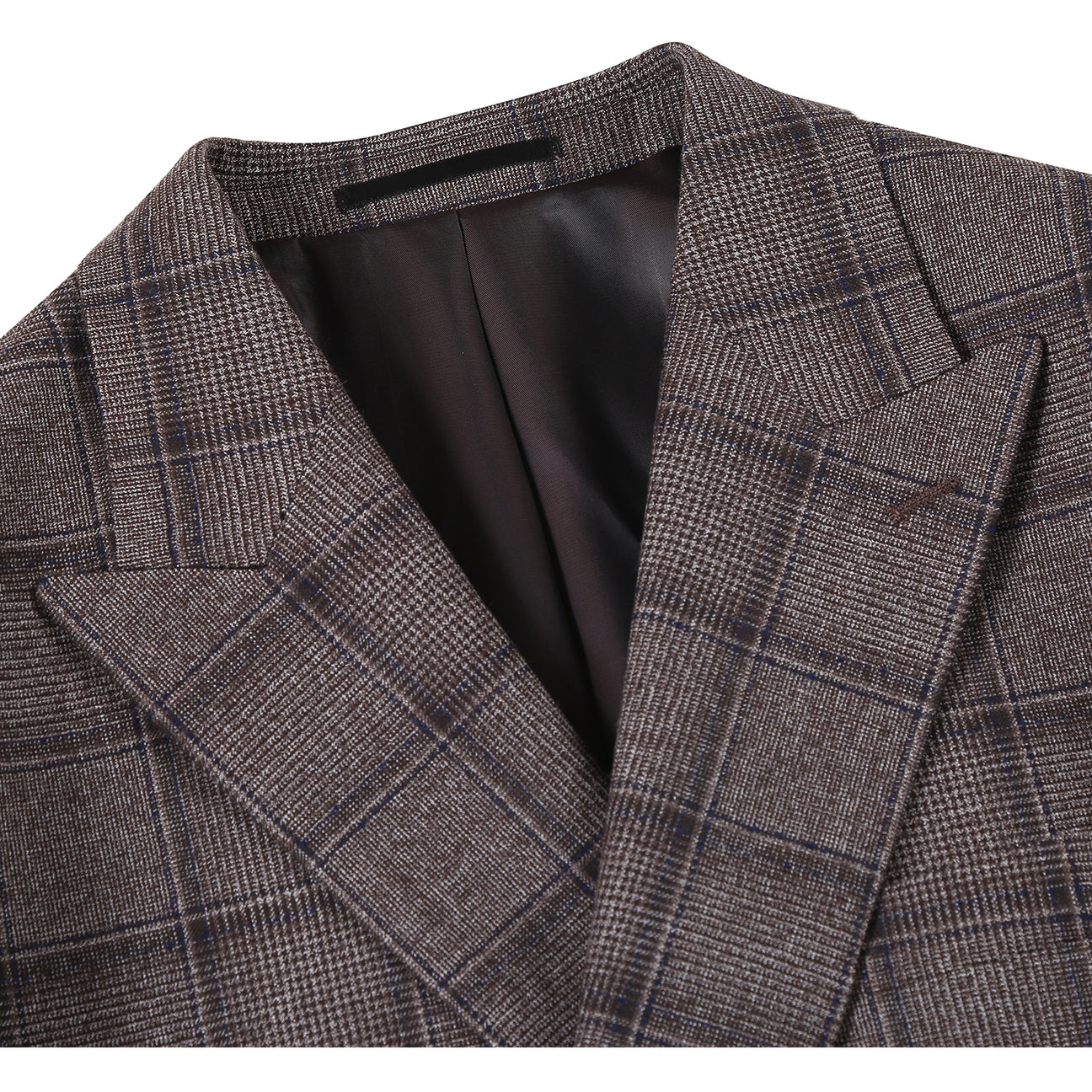 The Alessandro Vitello by Renoir New Slim Fit Wool Brown Suit 565-7 from Renoir is displayed on a mannequin, paired with a white shirt, red striped tie, and an orange pocket square.