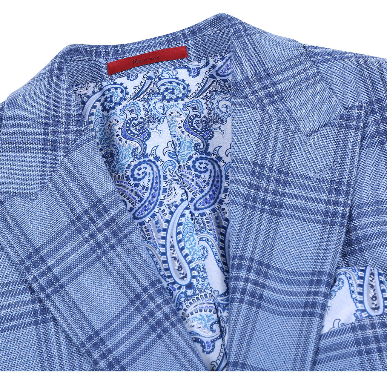 The Alessandro Vitello by Renoir New Slim Fit Blue Blazer 294-63 from Renoir, featuring notch lapels, is shown on a faceless mannequin with a white shirt and blue tie.
