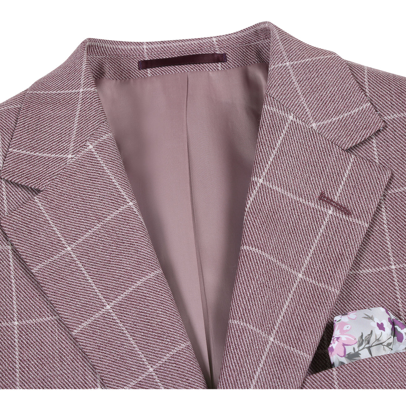 The Renoir Alessandro Vitello by Renoir New Slim Fit Sport Coat 565-16, a mauve checkered 100% wool jacket with notch lapels, is shown on a mannequin with a white shirt, green patterned tie, and pocket square.