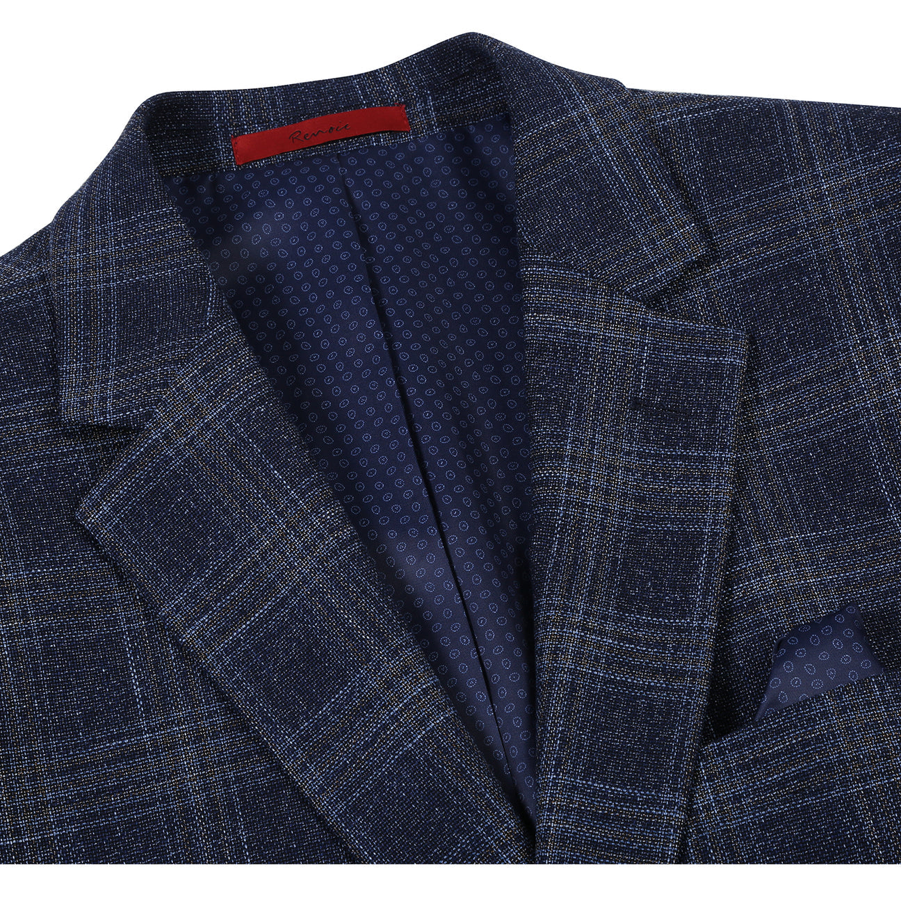 Displayed elegantly on a mannequin, the Renoir "Alessandro Vitello" Navy Blazer is paired with a white shirt, blue polka-dot tie, and matching pocket square.