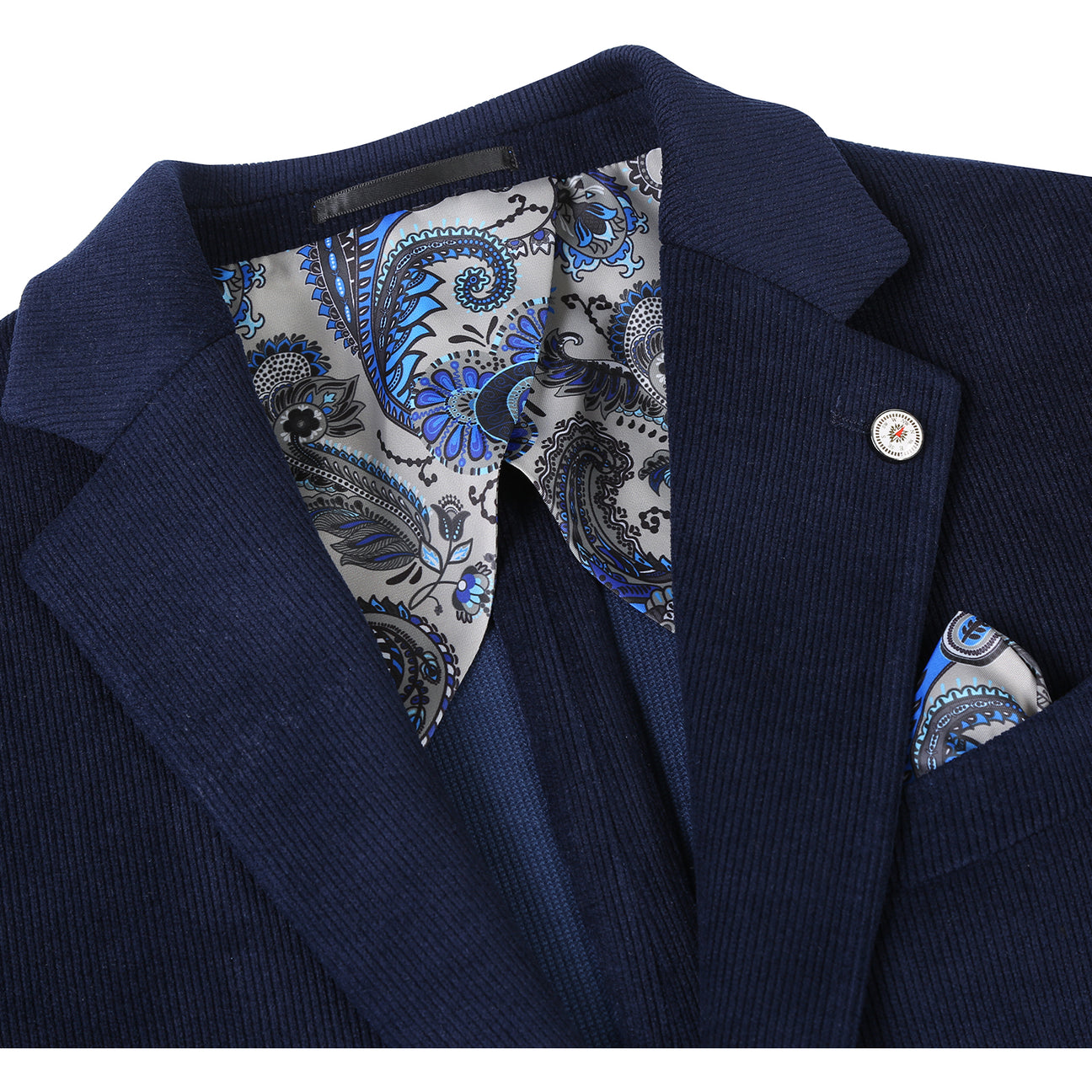 The Pellagio Navy Blue Men's Half Canvas Blazer (PF24-9), featuring a slim fit, single-breasted design, two buttons, and notched lapel, is paired with a crisp white shirt and red polka dot tie. It includes two front pockets and a stylish patterned pocket square.