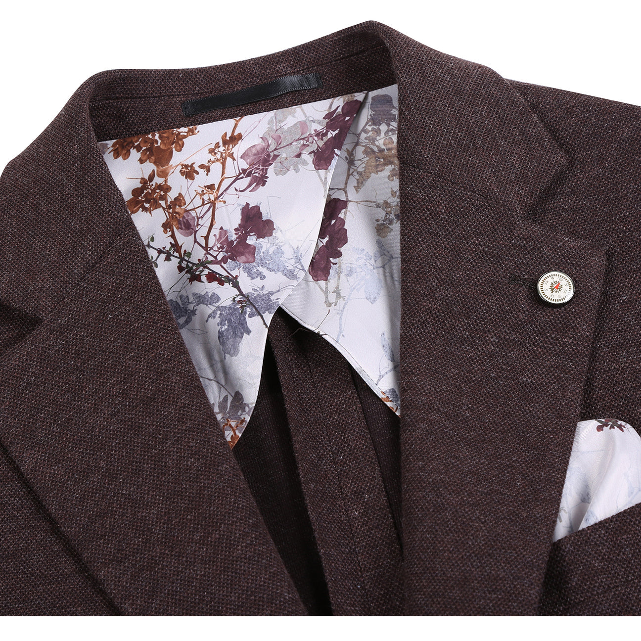 The Pellagio Men's Slim Fit Riserva Jacket Brown PF25-11 is displayed on a mannequin, styled with a white dress shirt, orange and navy striped tie, and a white pocket square.