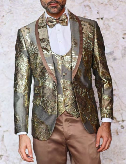 A person wearing the INSOMNIA DELMAS TAUPE Suit by Insomnia, featuring a gold and brown metallic tuxedo with a matching bow tie and vest.