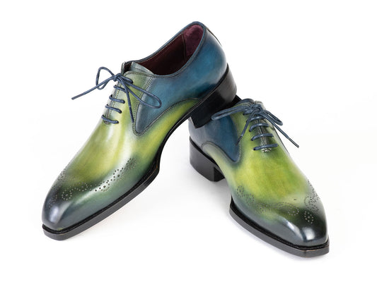 Introducing the Paul Parkman Goodyear Welted Punched Oxfords in Blue & Green (5364-GBL), a pair of hand-painted leather dress shoes featuring a stunning green and blue gradient, laces, decorative perforations, and crafted with a Goodyear welted sole.