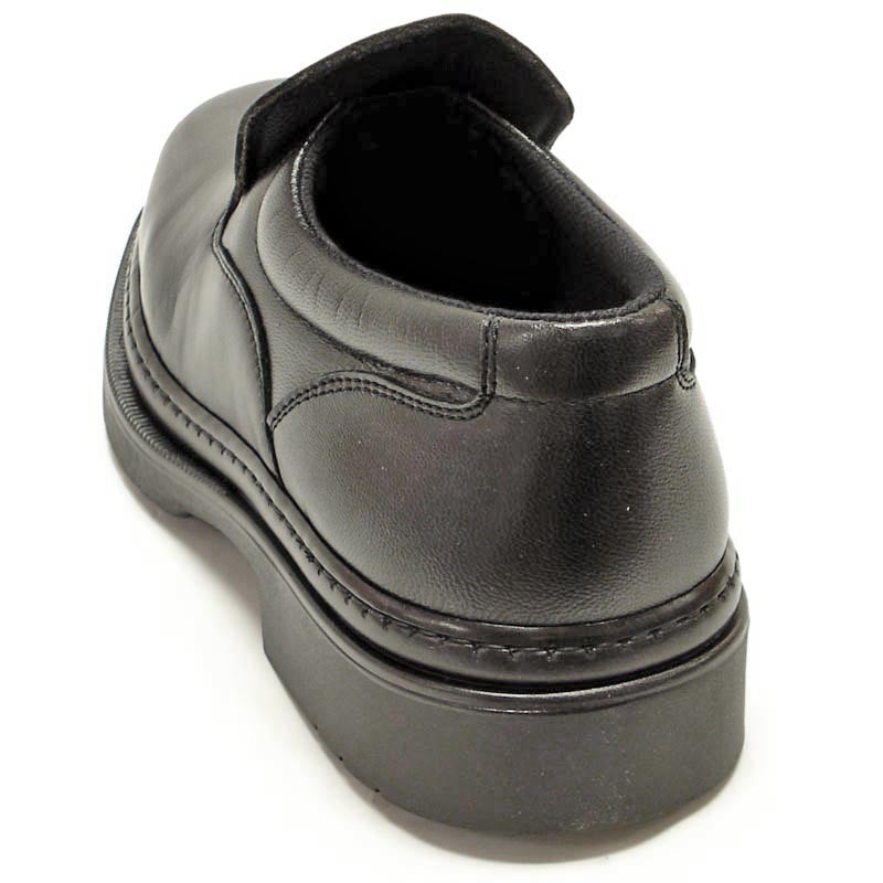 A pair of Pinoso's P-5061 Belka Black Slip-On Loafers, made in Spain, with rounded toes and thick rubber soles, are displayed side by side on a white background.
