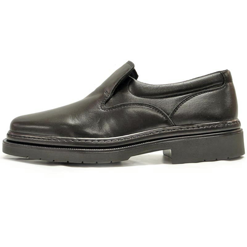 A pair of Pinoso's P-5061 Belka Black Slip-On Loafers, made in Spain, with rounded toes and thick rubber soles, are displayed side by side on a white background.