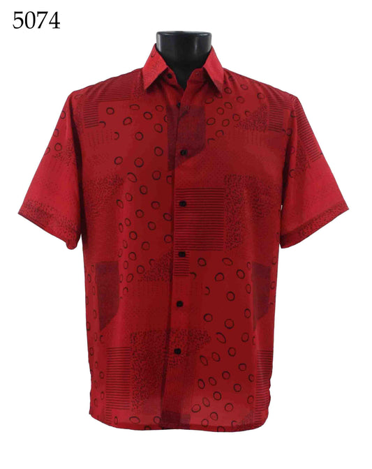 Display a Bassiri Short Sleeve Shirt 5074, highlighting its Regular Fit and geometric pattern, on a black mannequin torso. The label "5074" is positioned in the upper left corner.