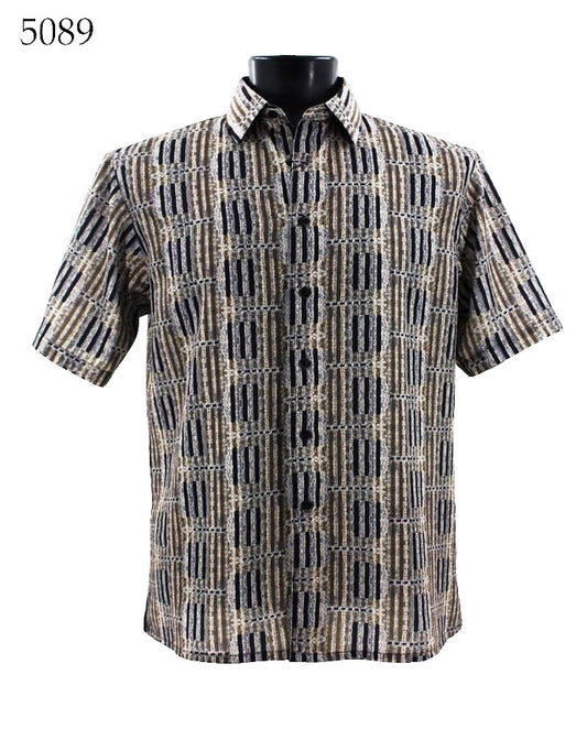 The Bassiri Short Sleeve Shirt 5089, by the brand Bassiri, is a regular fit shirt with short sleeves and a button-up design, showcasing a geometric pattern in shades of beige, brown, and black against a plain white background.