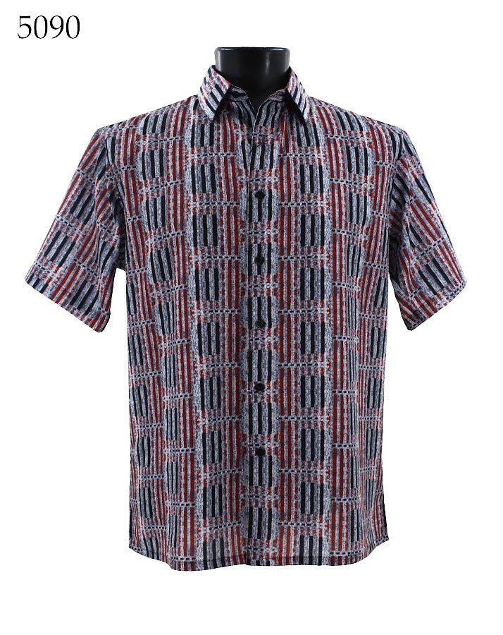 The Bassiri Short Sleeve Shirt 5090 by Bassiri is a regular fit collared shirt that showcases a geometric pattern in shades of red, white, and blue.