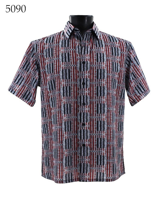 The Bassiri Short Sleeve Shirt 5090 by Bassiri is a regular fit collared shirt that showcases a geometric pattern in shades of red, white, and blue.