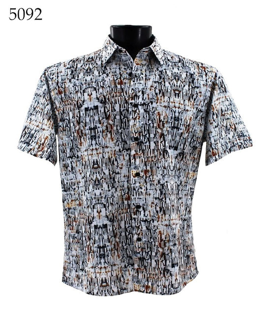Chic and adaptable, the Bassiri Short Sleeve Shirt 5092 by Bassiri showcases a striking abstract pattern in black, white, and brown. Exhibited on a stylish black mannequin, this regular fit shirt is sure to be a highlight in any wardrobe.