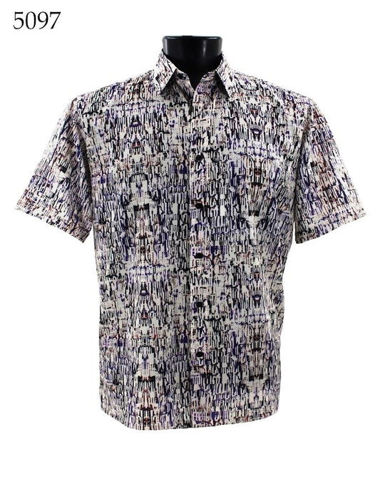 The Bassiri Short Sleeve Shirt 5097 by Bassiri is a regular fit, short-sleeved button-up shirt adorned with an abstract pattern in shades of purple, black, and white.