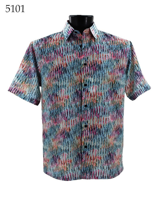The Bassiri Short Sleeve Shirt 5101 by Bassiri, featuring a multicolored abstract pattern, is displayed elegantly on a mannequin.