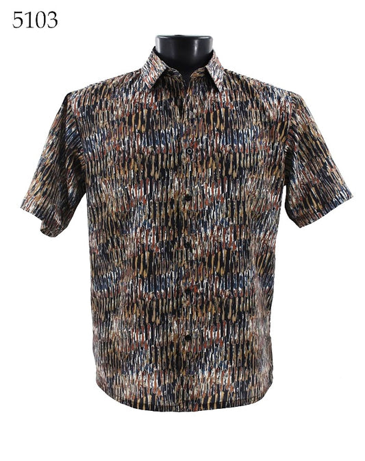 The Bassiri Short Sleeve Shirt 5103, by Bassiri, features a regular fit and short sleeves adorned with a vibrant multicolored abstract pattern, elegantly showcased on a sleek black mannequin.