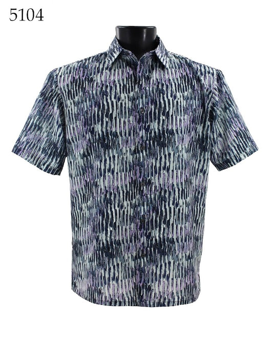 Bassiri's Bassiri Short Sleeve Shirt 5104, displayed on a black mannequin torso, showcases a pattern of vertical blue, white, and purple brushstrokes.