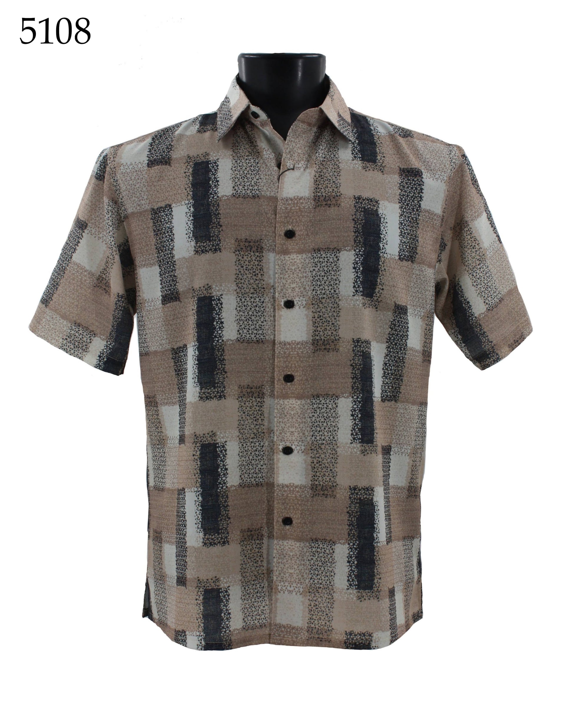 The Bassiri Short Sleeve Shirt 5108 by Bassiri features a regular fit and a geometric brown, beige, and black rectangular pattern. It's shown on a mannequin with "5108" displayed in the top left corner.