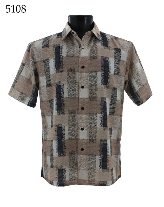 The Bassiri Short Sleeve Shirt 5108 by Bassiri features a regular fit and a geometric brown, beige, and black rectangular pattern. It's shown on a mannequin with "5108" displayed in the top left corner.