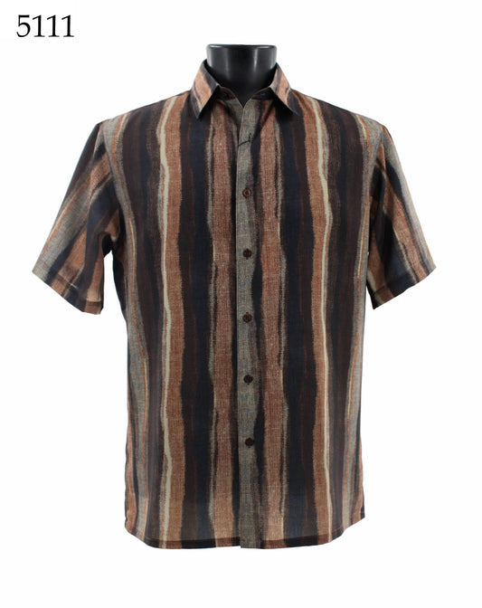The Bassiri Short Sleeve Shirt 5111 by Bassiri is a Regular Fit, short-sleeve shirt featuring vertical stripes in various shades of brown, black, and gray. It is buttoned up and displayed on a stand.