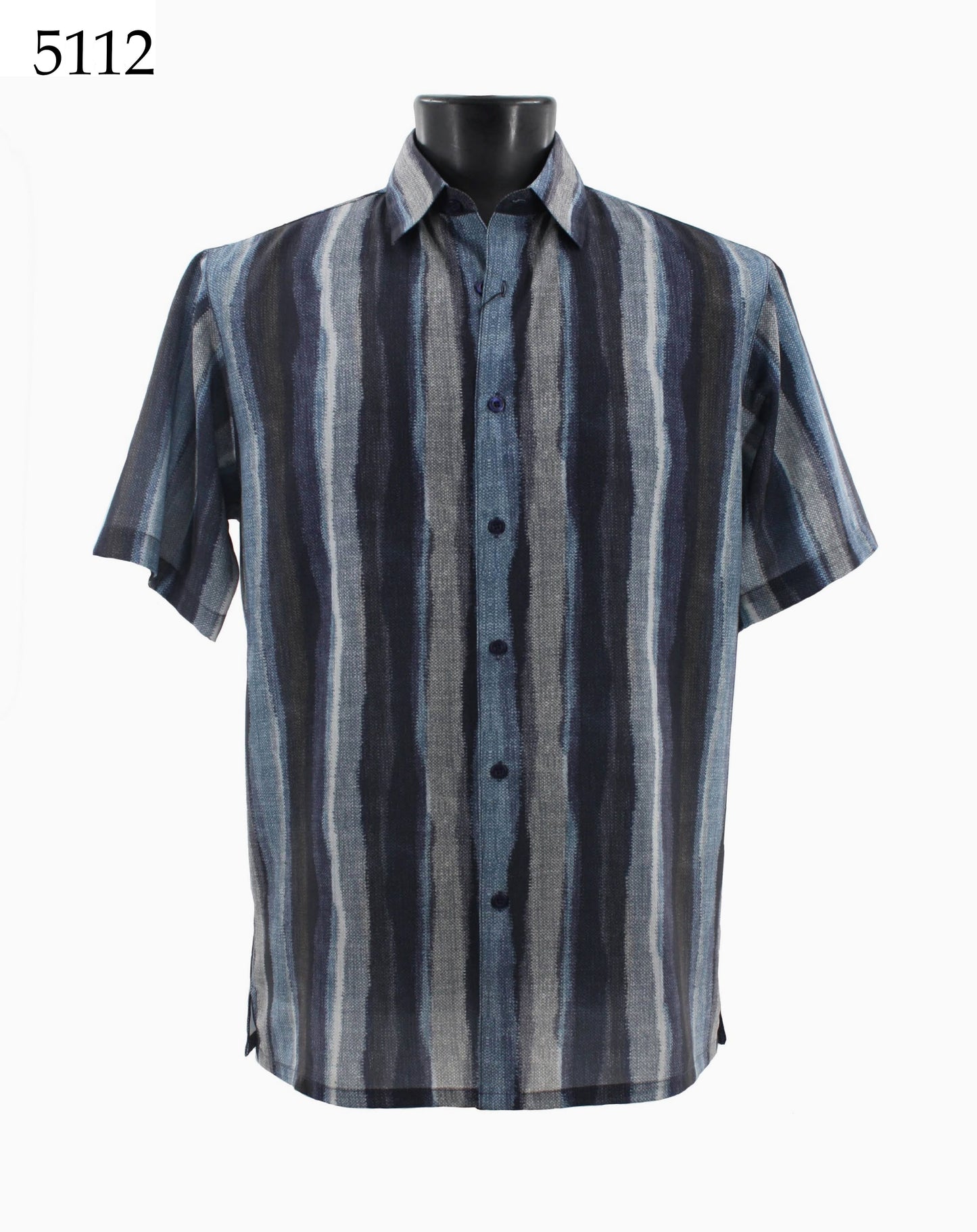 Bassiri's Short Sleeve Shirt 5112, featuring a regular fit and adorned with vertical stripes in blue, black, and gray, is showcased on a mannequin torso.