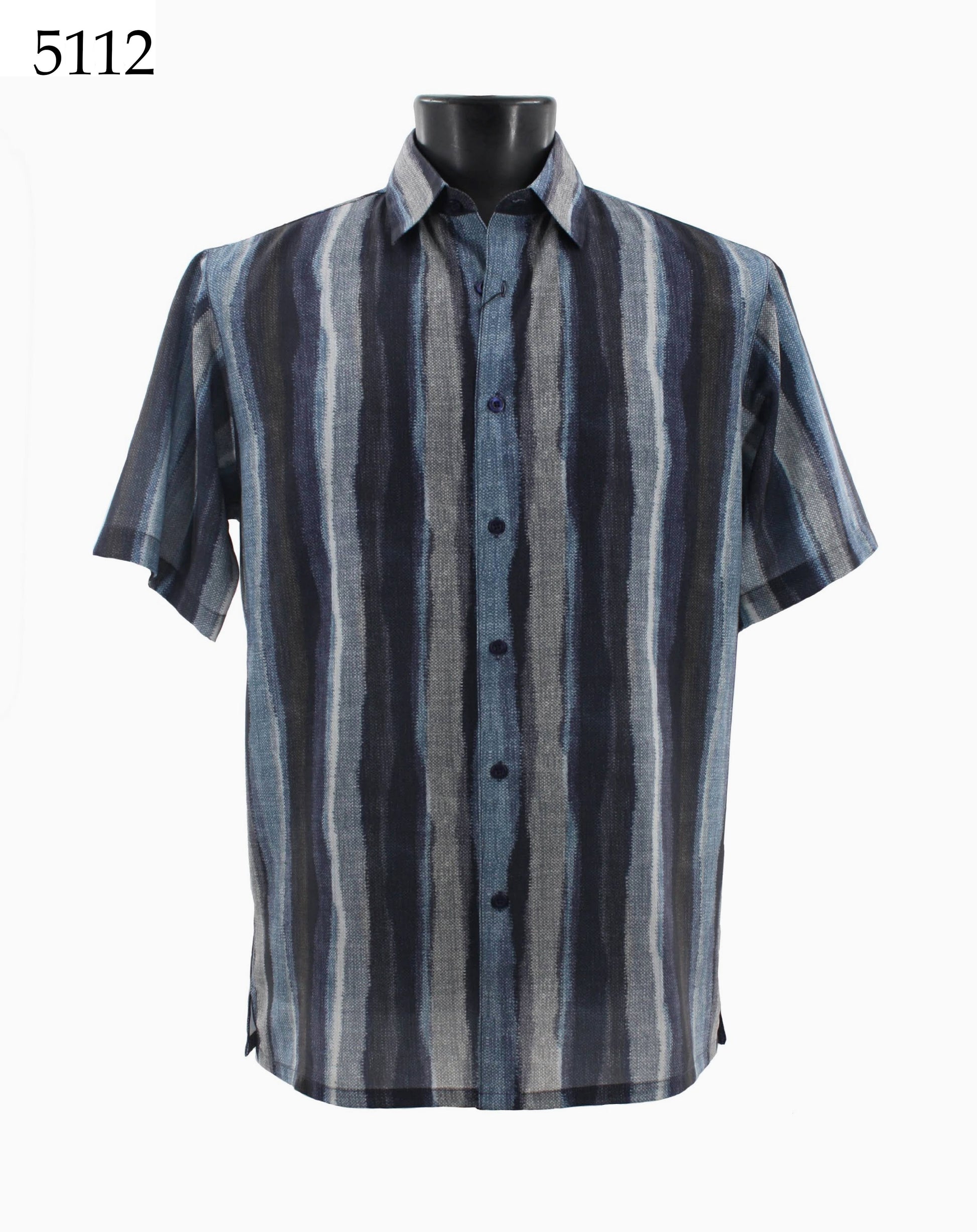 Bassiri's Short Sleeve Shirt 5112, featuring a regular fit and adorned with vertical stripes in blue, black, and gray, is showcased on a mannequin torso.
