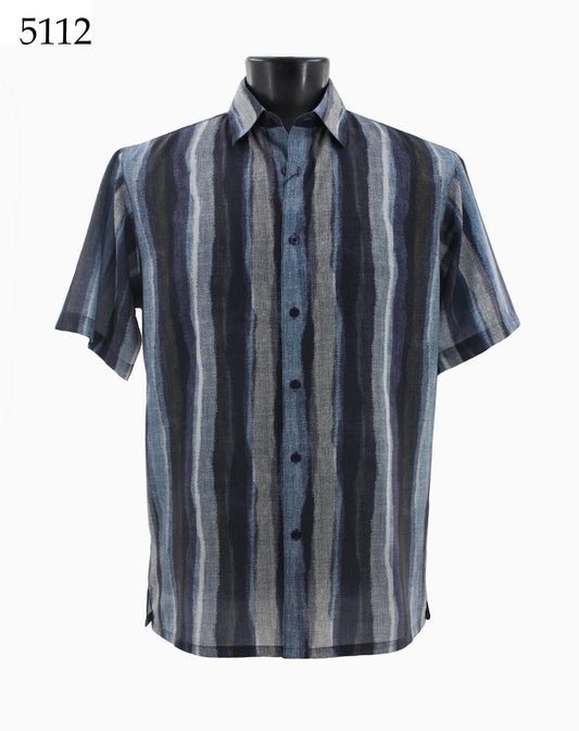Bassiri's Short Sleeve Shirt 5112, featuring a regular fit and adorned with vertical stripes in blue, black, and gray, is showcased on a mannequin torso.
