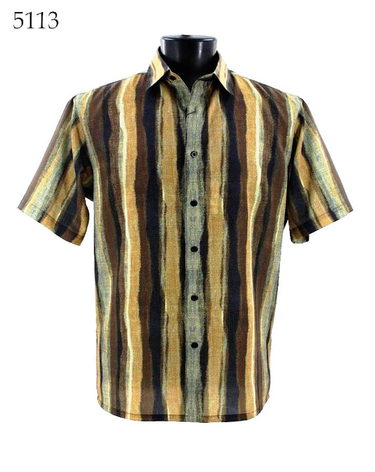 Bassiri's Bassiri Short Sleeve Shirt 5113 features a regular fit and is designed with short sleeves and vertical stripes in shades of brown, black, and beige.