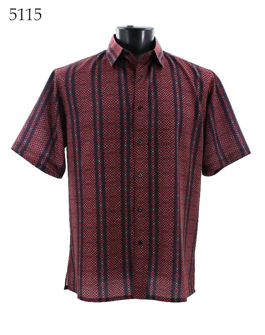 The Bassiri Short Sleeve Shirt 5115 by Bassiri is a regular fit short-sleeved shirt with an eye-catching red and black vertical striped design, displayed on a mannequin torso.