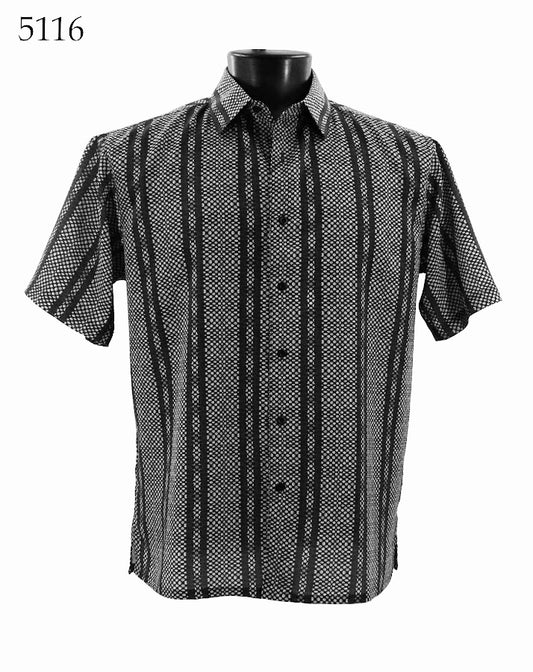 The Bassiri Short Sleeve Shirt 5116 features a black and white pattern with a button closure and collar, showcasing the "5116" label in the top left corner. It's designed in a regular fit for comfortable style.