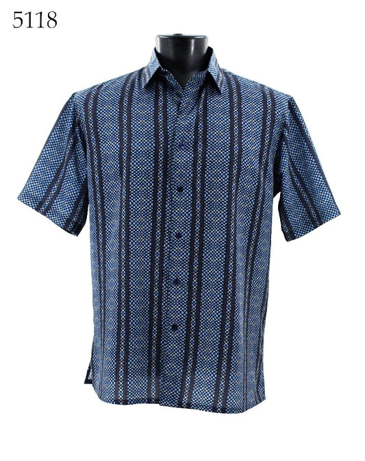 Introducing the Bassiri Short Sleeve Shirt 5118, a regular fit button-up shirt from Bassiri, featuring a refined blue and black striped pattern elegantly displayed on a mannequin.