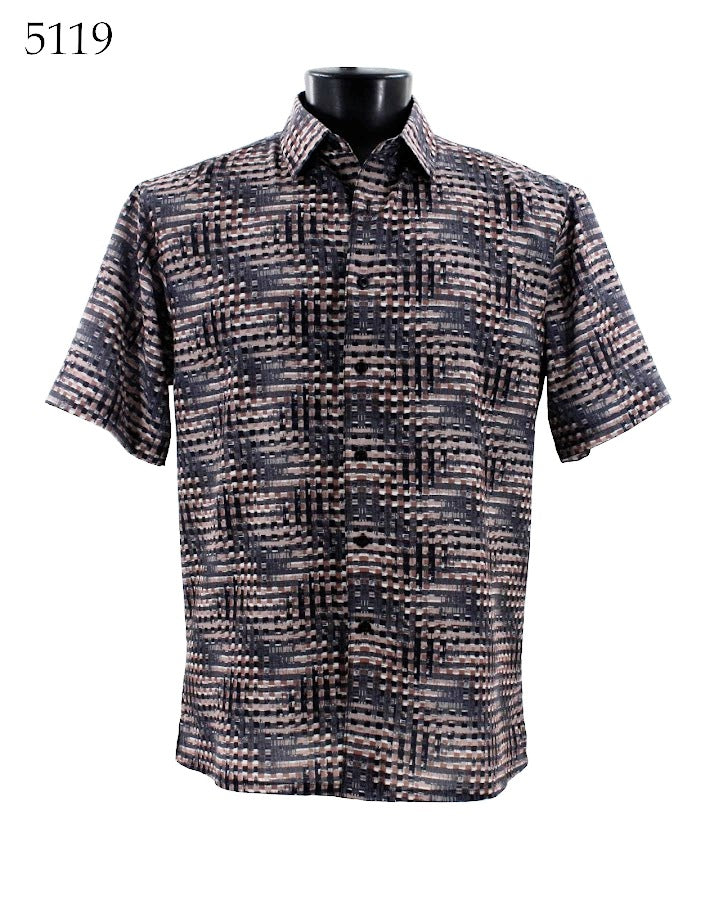 Bassiri's Short Sleeve Shirt 5119, shown on a mannequin, features a Regular Fit with an eye-catching geometric pattern in black, white, and beige.
