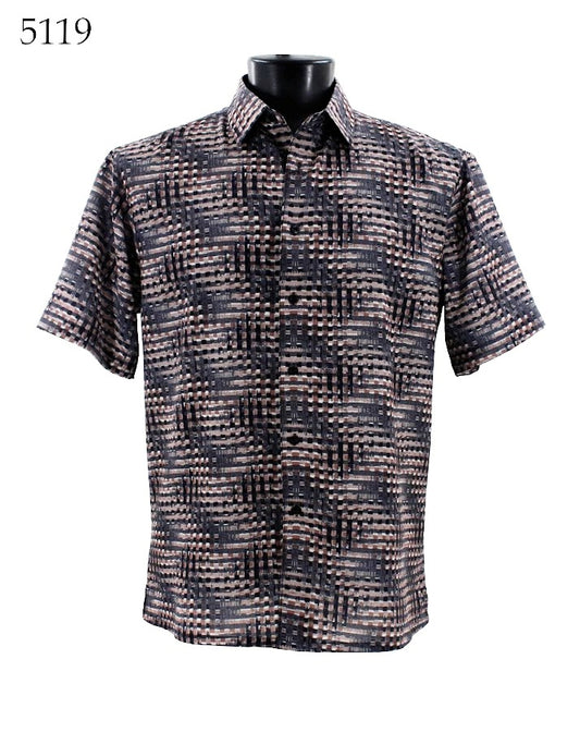Bassiri's Short Sleeve Shirt 5119, shown on a mannequin, features a Regular Fit with an eye-catching geometric pattern in black, white, and beige.