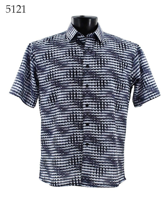 Displayed on a mannequin is the Bassiri Short Sleeve Shirt 5121 from the brand Bassiri, featuring a regular fit with a black and white checkered pattern and short sleeves.