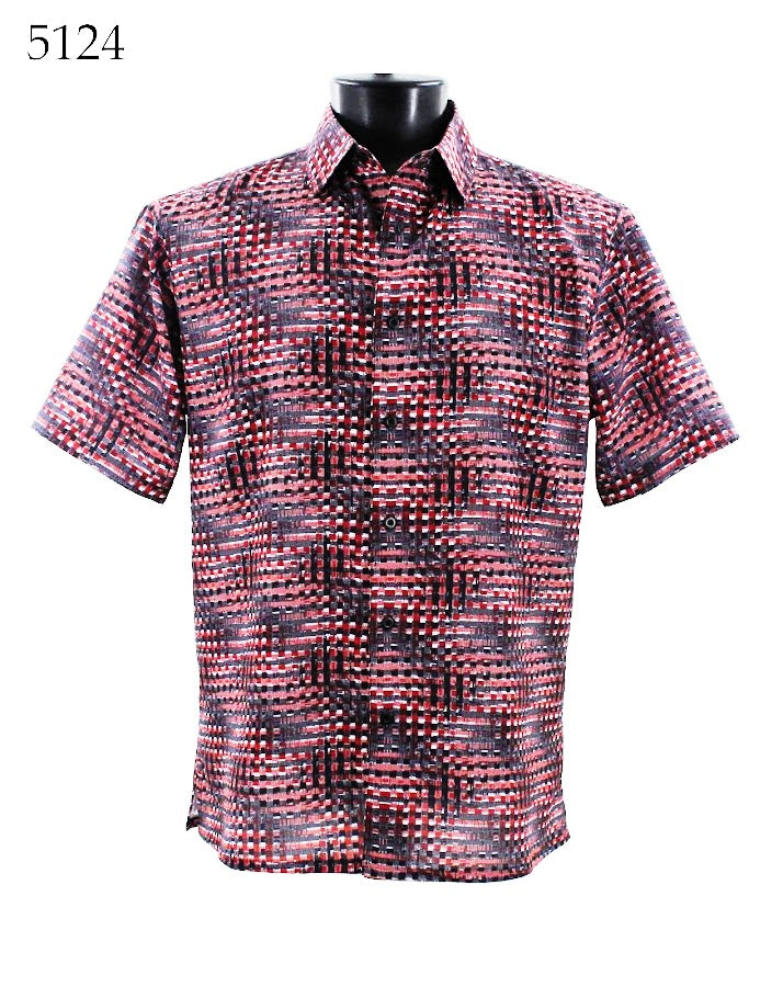 The Bassiri Short Sleeve Shirt 5124, featuring a red, black, and white checkered pattern, is showcased on a mannequin torso.