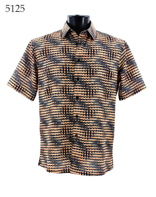 On a mannequin torso, the Bassiri Short Sleeve Shirt 5125 by Bassiri is shown, featuring a Regular Fit and a geometric black and tan pattern. The item number 5125 is displayed in the top left corner.