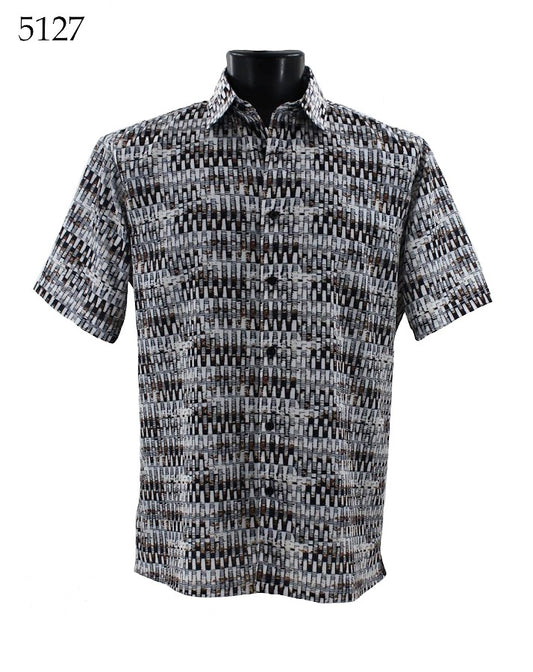 Bassiri Short Sleeve Shirt 5127, featuring a regular fit with a geometric black, white, and gray pattern, displayed on a mannequin.