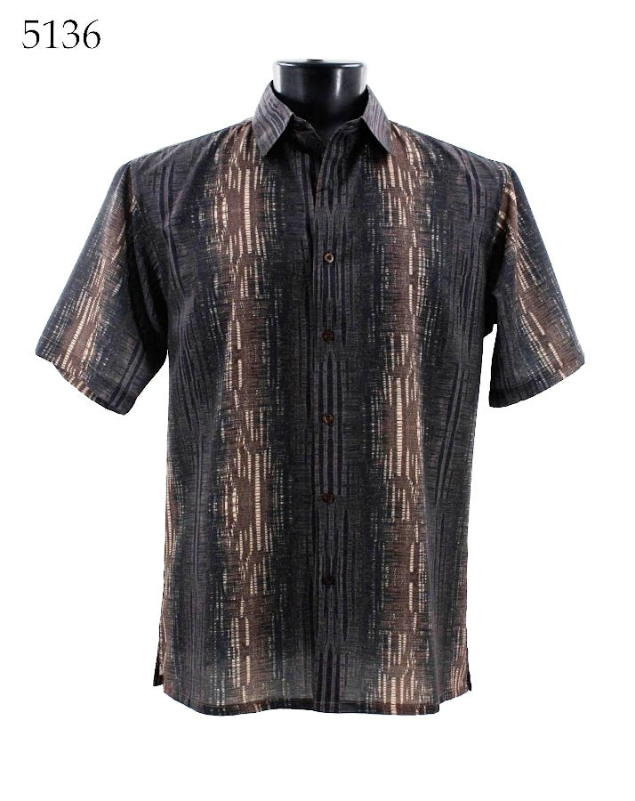 The Bassiri Short Sleeve Shirt 5136 by Bassiri is showcased on a mannequin, featuring a Regular Fit with a vertical striped pattern in dark and light brown tones.