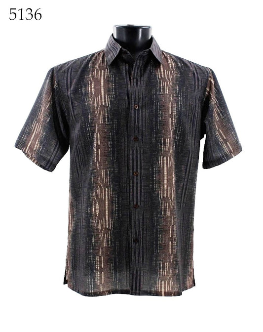 The Bassiri Short Sleeve Shirt 5136 by Bassiri is showcased on a mannequin, featuring a Regular Fit with a vertical striped pattern in dark and light brown tones.
