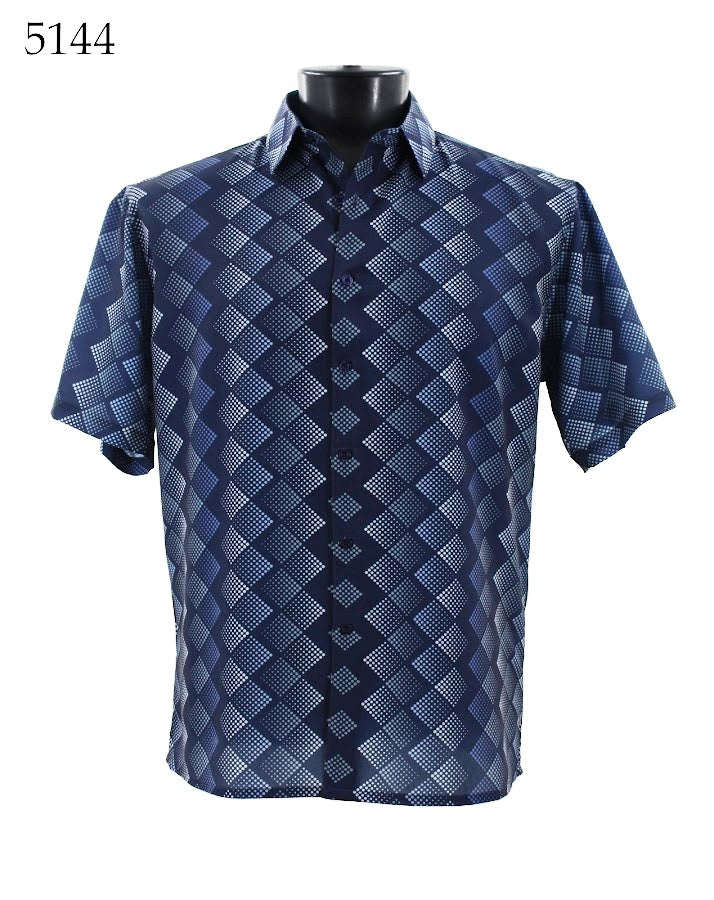 The Bassiri Short Sleeve Shirt 5144, in a blue patterned Regular Fit design, is elegantly displayed on a mannequin against a white background.