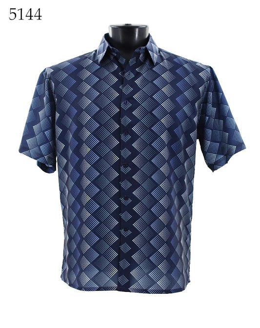 The Bassiri Short Sleeve Shirt 5144, in a blue patterned Regular Fit design, is elegantly displayed on a mannequin against a white background.