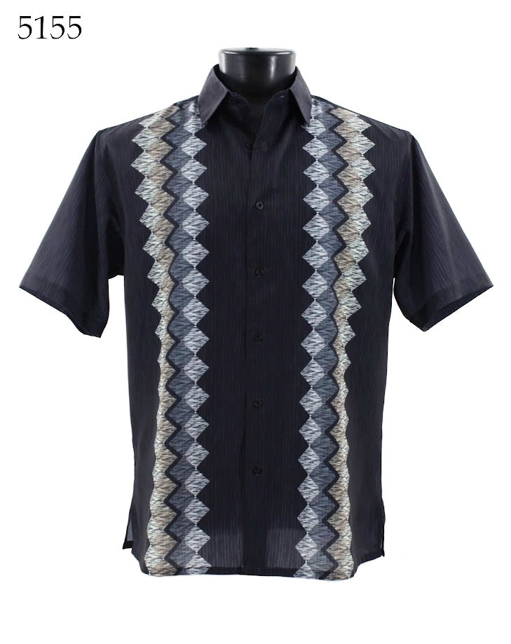 The Bassiri Short Sleeve Shirt 5155 by Bassiri, a Regular Fit short-sleeved men's shirt in black with white and gray zigzag patterns and a classic collar, elegantly displayed on a mannequin.