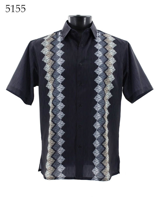 The Bassiri Short Sleeve Shirt 5155 by Bassiri, a Regular Fit short-sleeved men's shirt in black with white and gray zigzag patterns and a classic collar, elegantly displayed on a mannequin.
