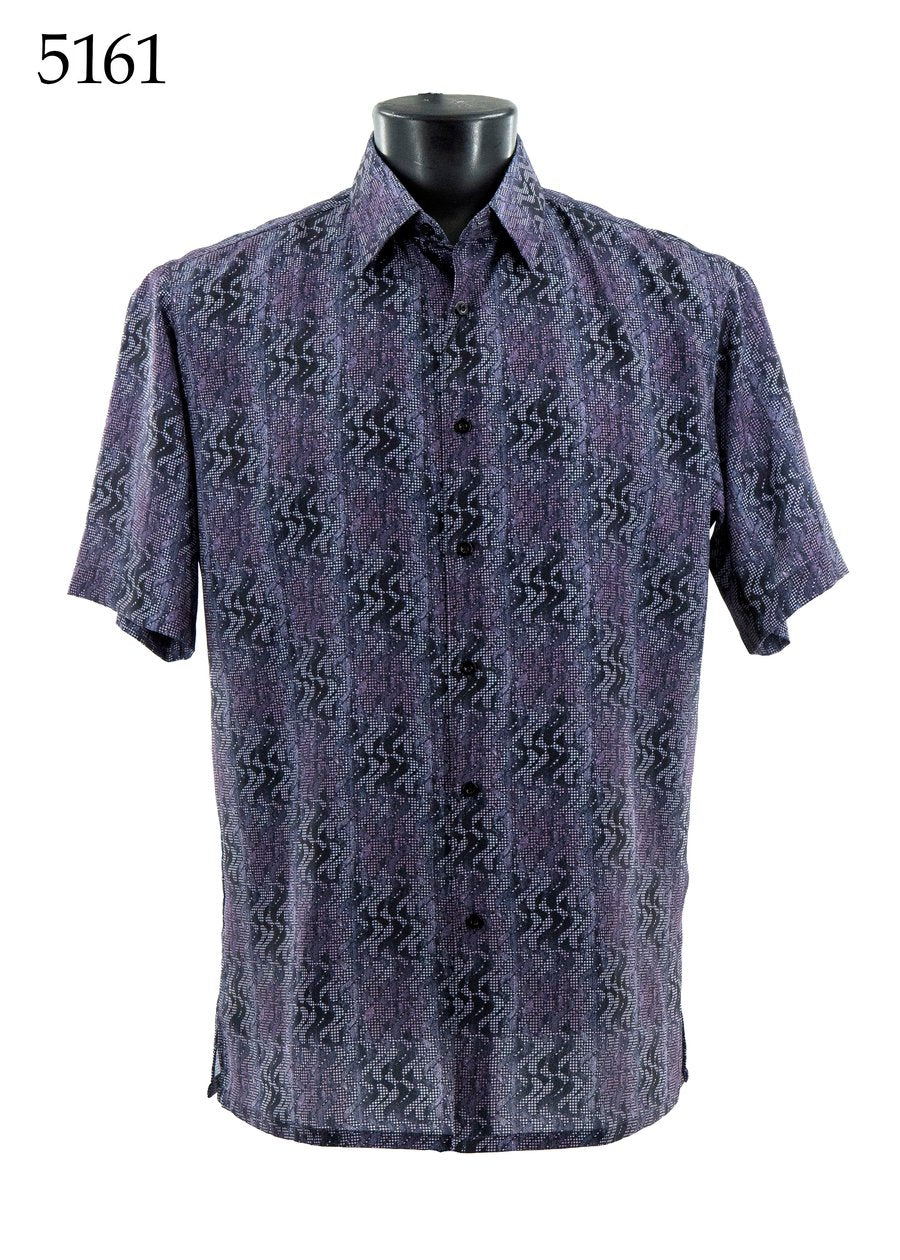 Bassiri Short Sleeve Shirt 5161 by Bassiri features a purple and black geometric pattern in a regular fit, shown on a mannequin. The number 5161 appears in the top left corner.