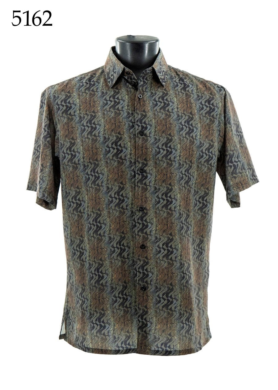 The Bassiri Short Sleeve Shirt 5162 by Bassiri is a regular fit button-up with a geometric zigzag and checkered pattern in brown, black, and gray tones, shown on a black mannequin.